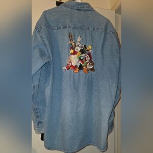 Vtg. Warner Bros Studio Looney Tunes Character Denim Button-Down XL